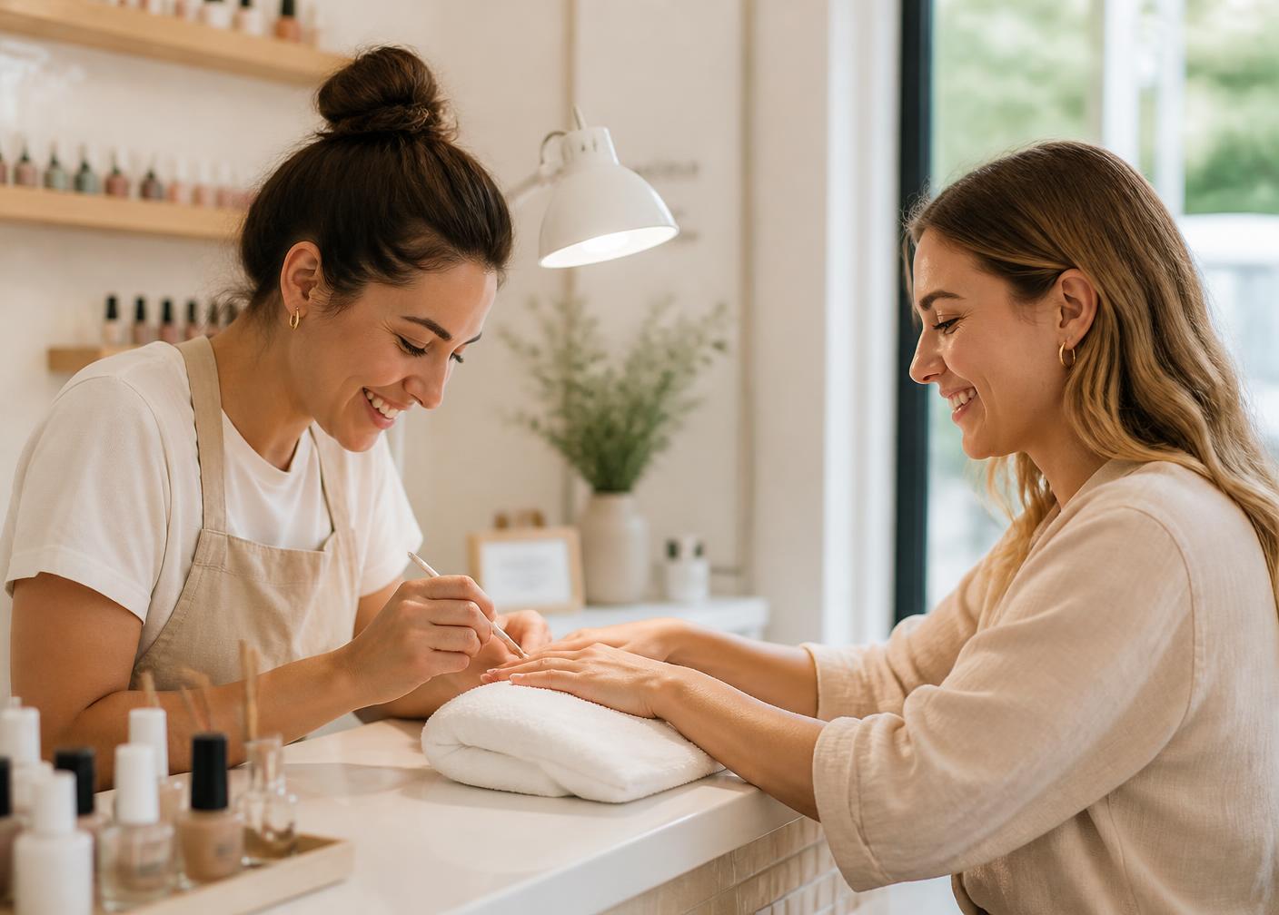 A nail technician at Ecco Nails & Spa carefully finishing a guest's manicure