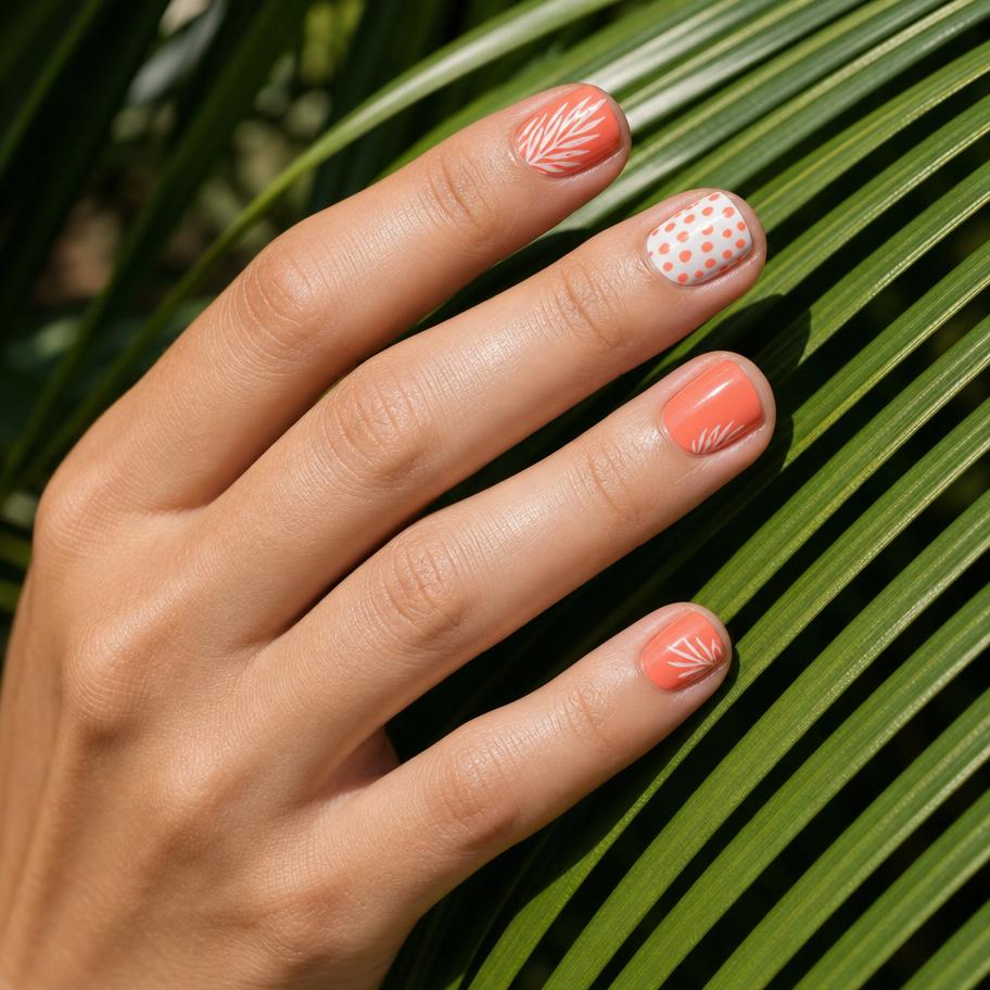 Bright coral and white summer nail design