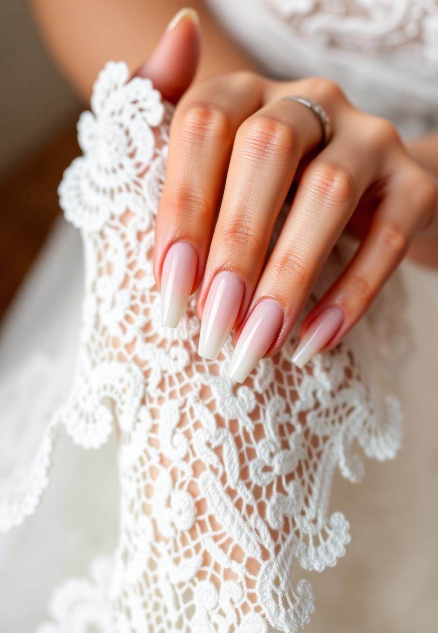Bridal ombre manicure in sheer ivory on white lace
