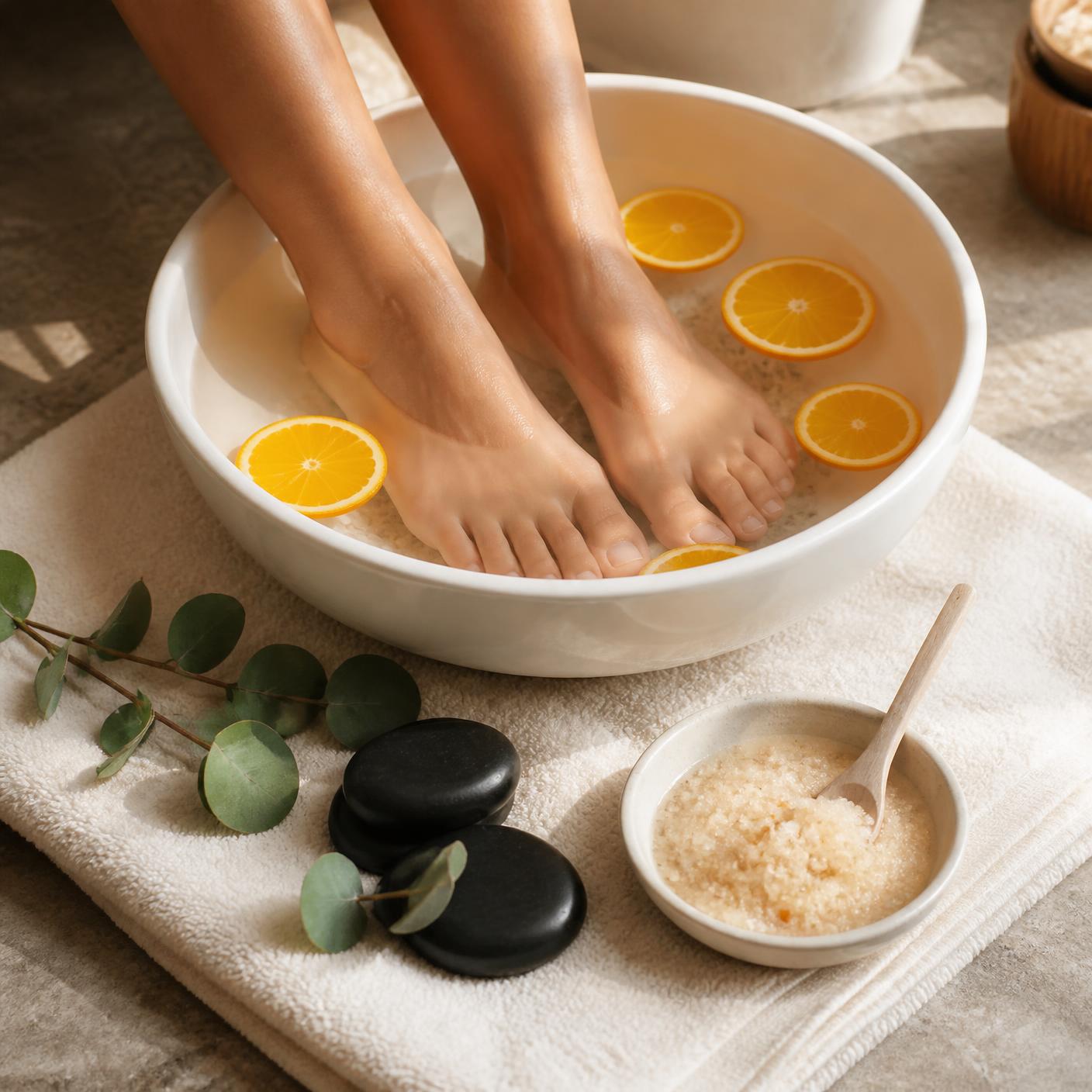 Signature spa pedicure at Ecco Nails & Spa with fresh orange slices, sea salt, hot stones and warm towels